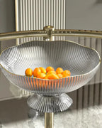 Footed Fruit Bowl Ribbed Ceramic Gold Rim