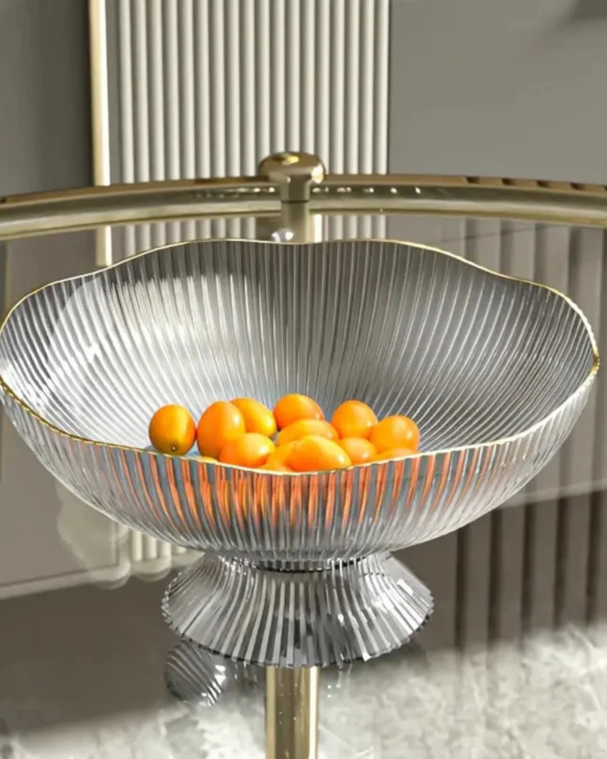 Footed Fruit Bowl Ribbed Ceramic Gold Rim