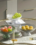 Footed Fruit Bowl Ribbed Ceramic Gold Rim