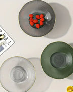 Footed Fruit Bowl Ribbed Ceramic Gold Rim
