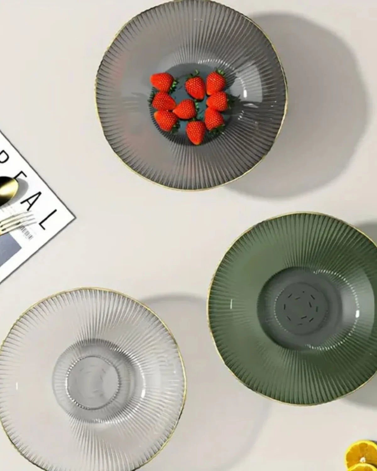 Footed Fruit Bowl Ribbed Ceramic Gold Rim