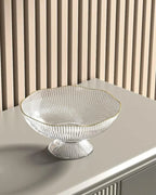 Footed Fruit Bowl Ribbed Ceramic Gold Rim