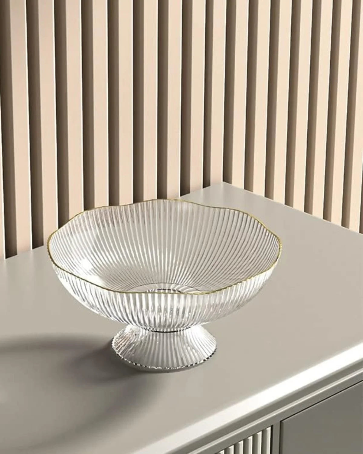 Footed Fruit Bowl Ribbed Ceramic Gold Rim