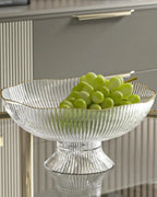Footed Fruit Bowl Ribbed Ceramic Gold Rim