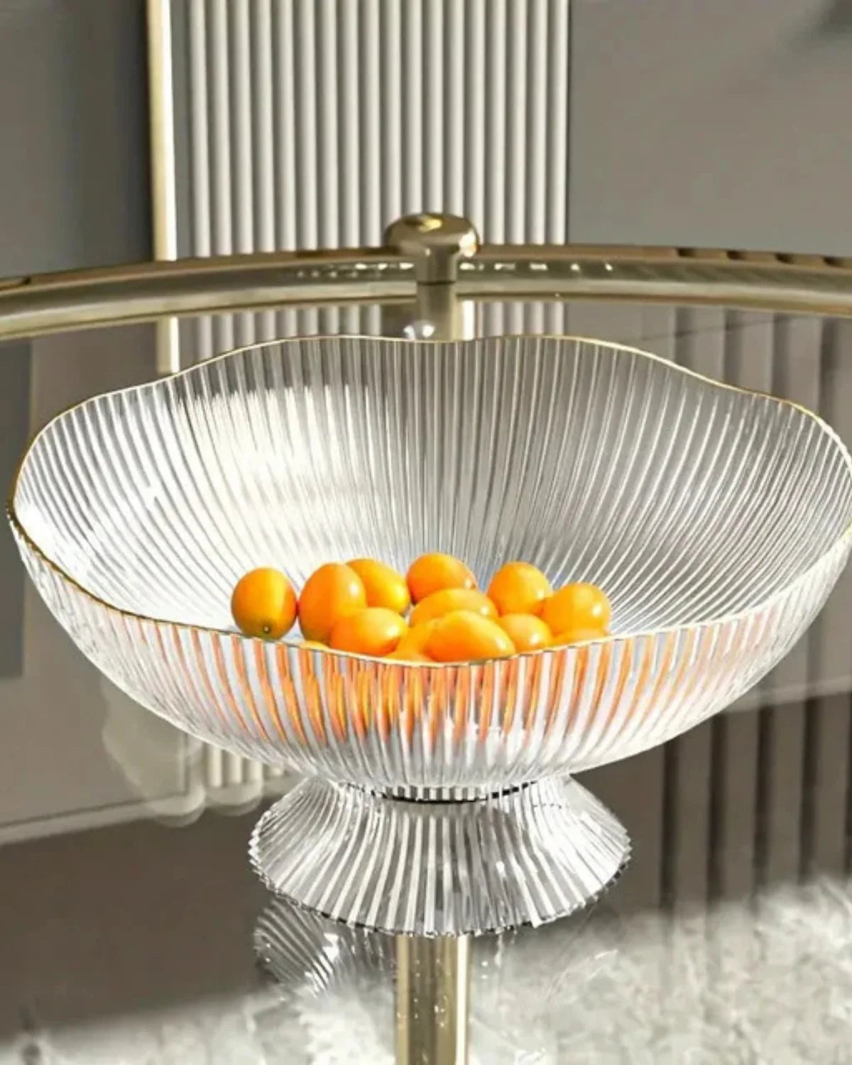 Footed Fruit Bowl Ribbed Ceramic Gold Rim