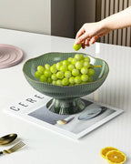 Footed Fruit Bowl Ribbed Ceramic Gold Rim