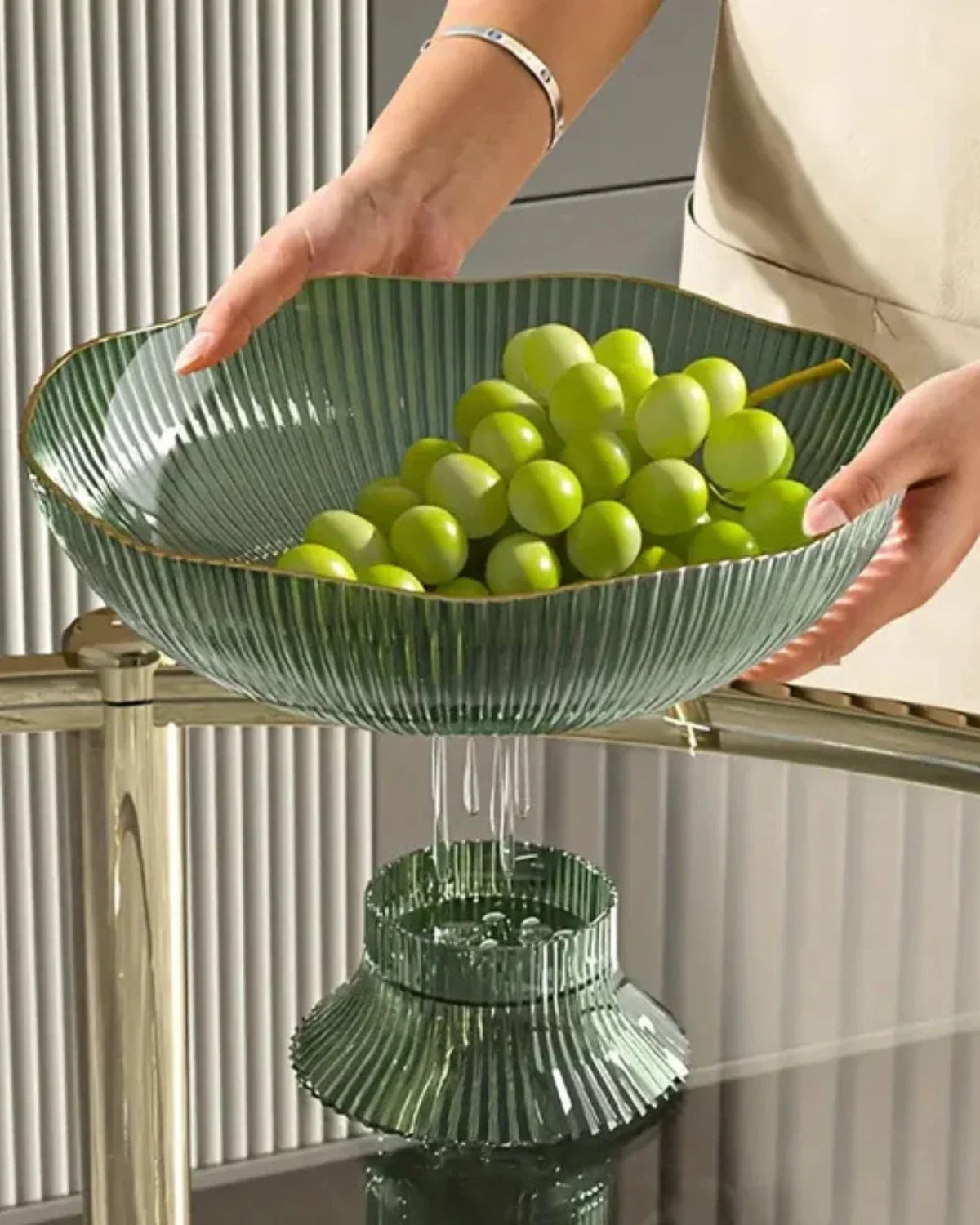 Footed Fruit Bowl Ribbed Ceramic Gold Rim