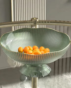 Footed Fruit Bowl Ribbed Ceramic Gold Rim