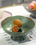 Footed Fruit Bowl Ribbed Ceramic Gold Rim