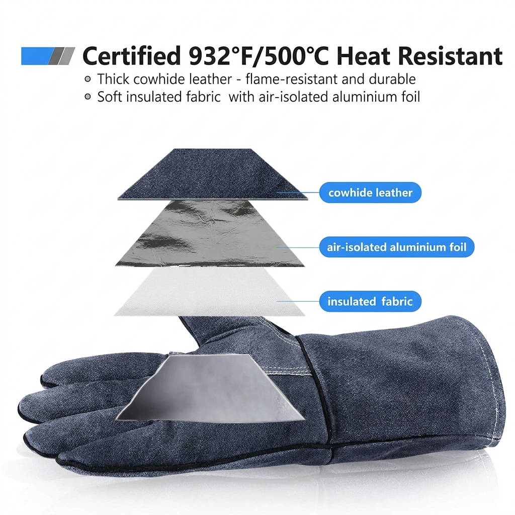 Forearm Heat-Resistant Gloves Cowhide Leather 932°F 16-Inch