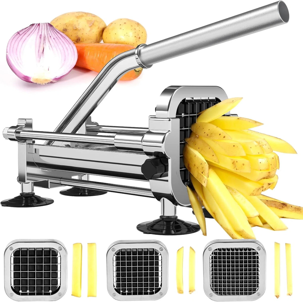 French Fry Cutter Stainless Steel 3 Interchangeable Blades Space-Saving