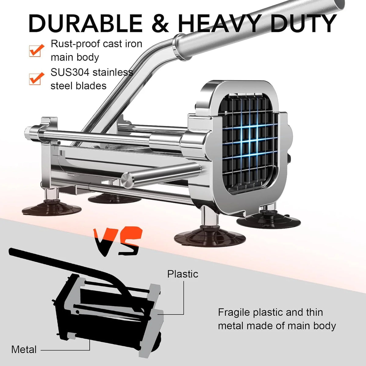 French Fry Cutter Stainless Steel 3 Interchangeable Blades Space-Saving