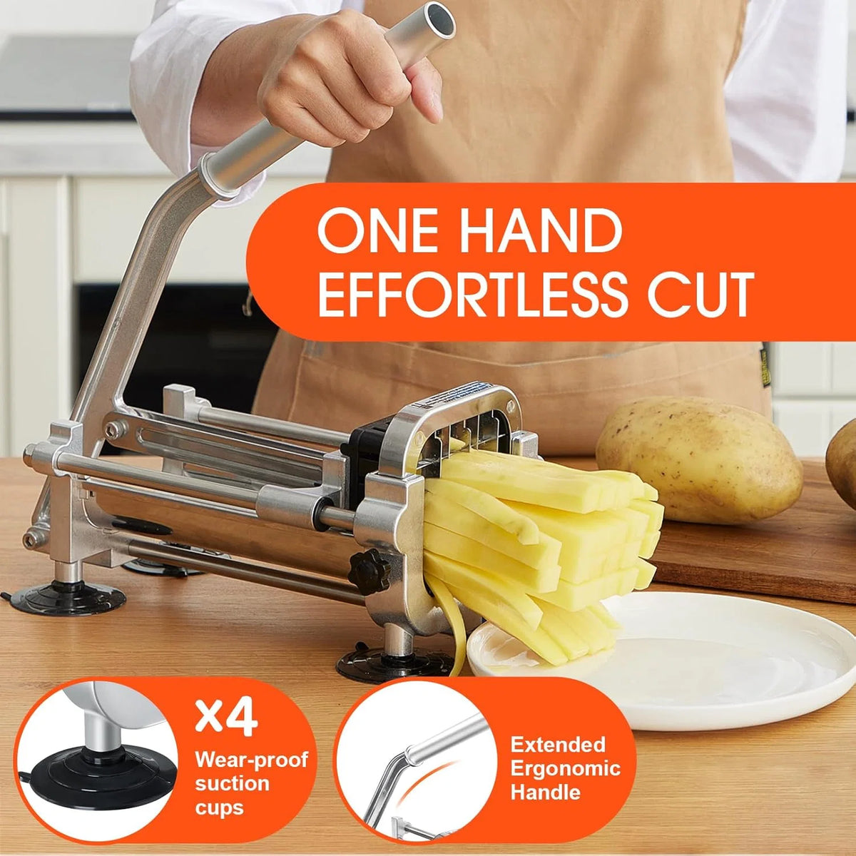 French Fry Cutter Stainless Steel 3 Interchangeable Blades Space-Saving