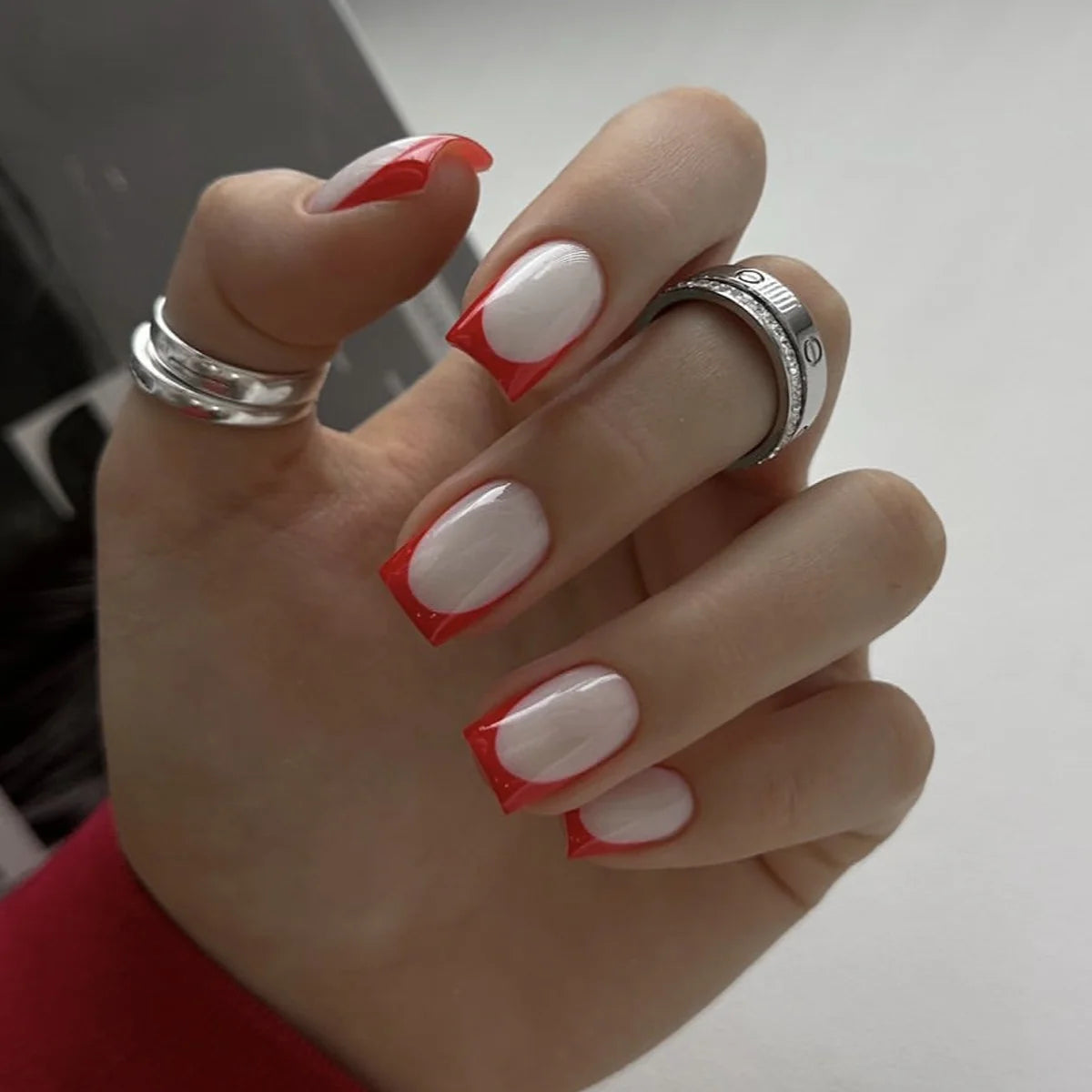 French Tip Nail Set Red Long-Lasting Easy DIY