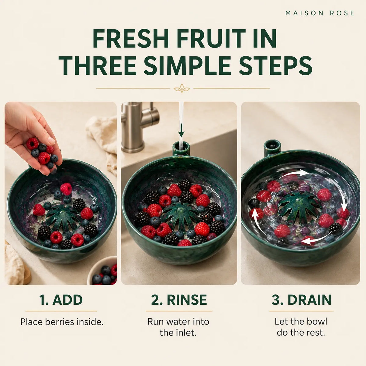 Fruit Rinsing Bowl Glazed Ceramic Built-In Drainage