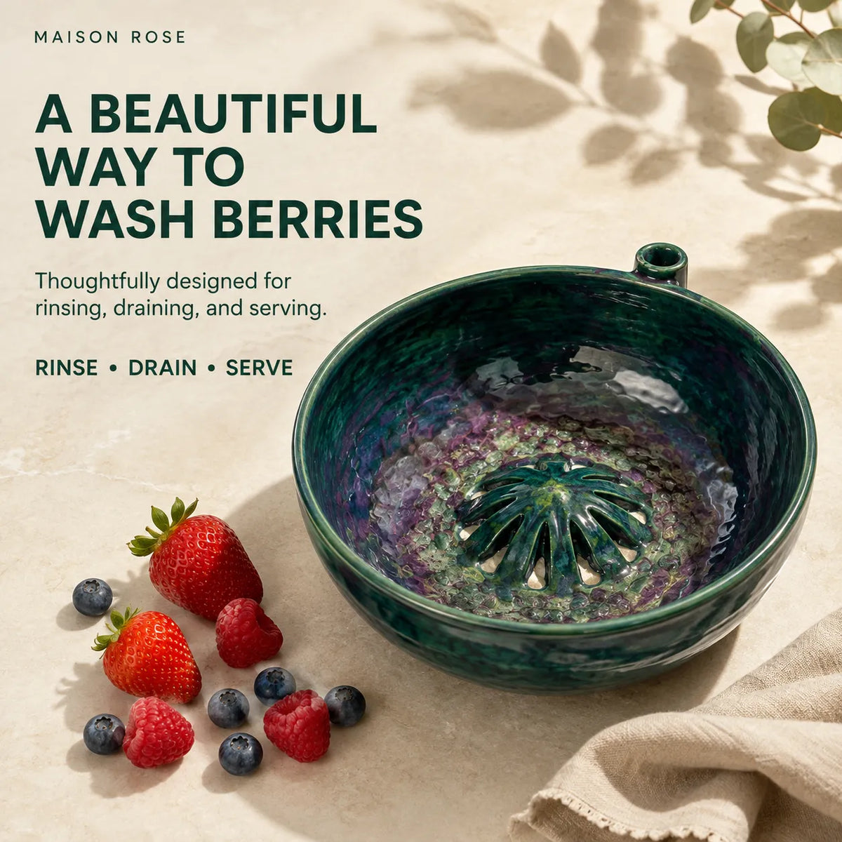 Fruit Rinsing Bowl Glazed Ceramic Built-In Drainage