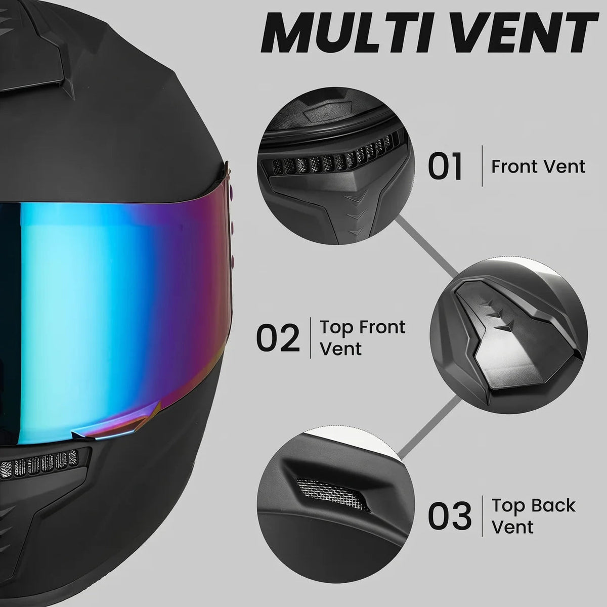 Full-Face Helmet Mirror Visor & Multi-Vent Removable Washable Liner