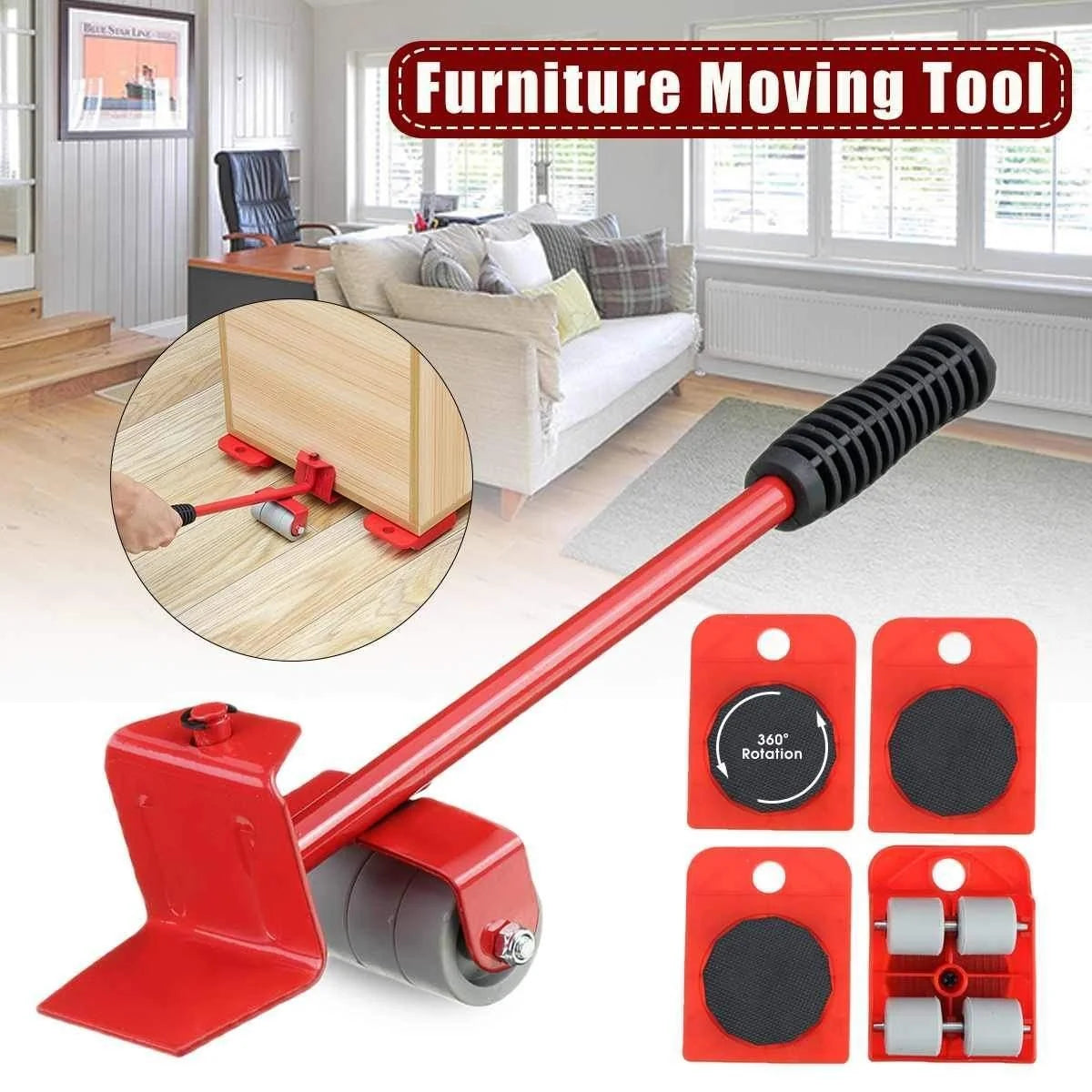 Furniture Mover Set Lever Bar Anti-Slip Rubber Wheels