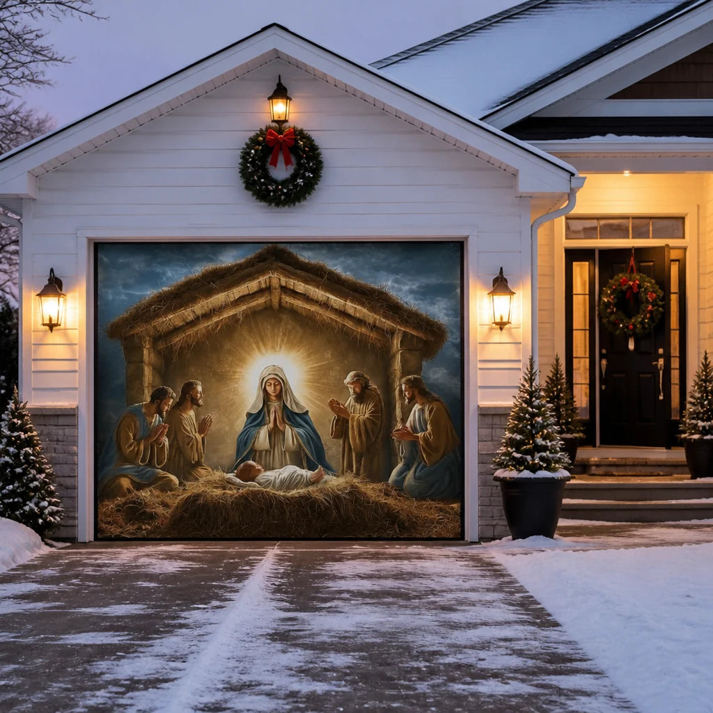 Garage Door Cover Nativity Scene Optional Light Chain