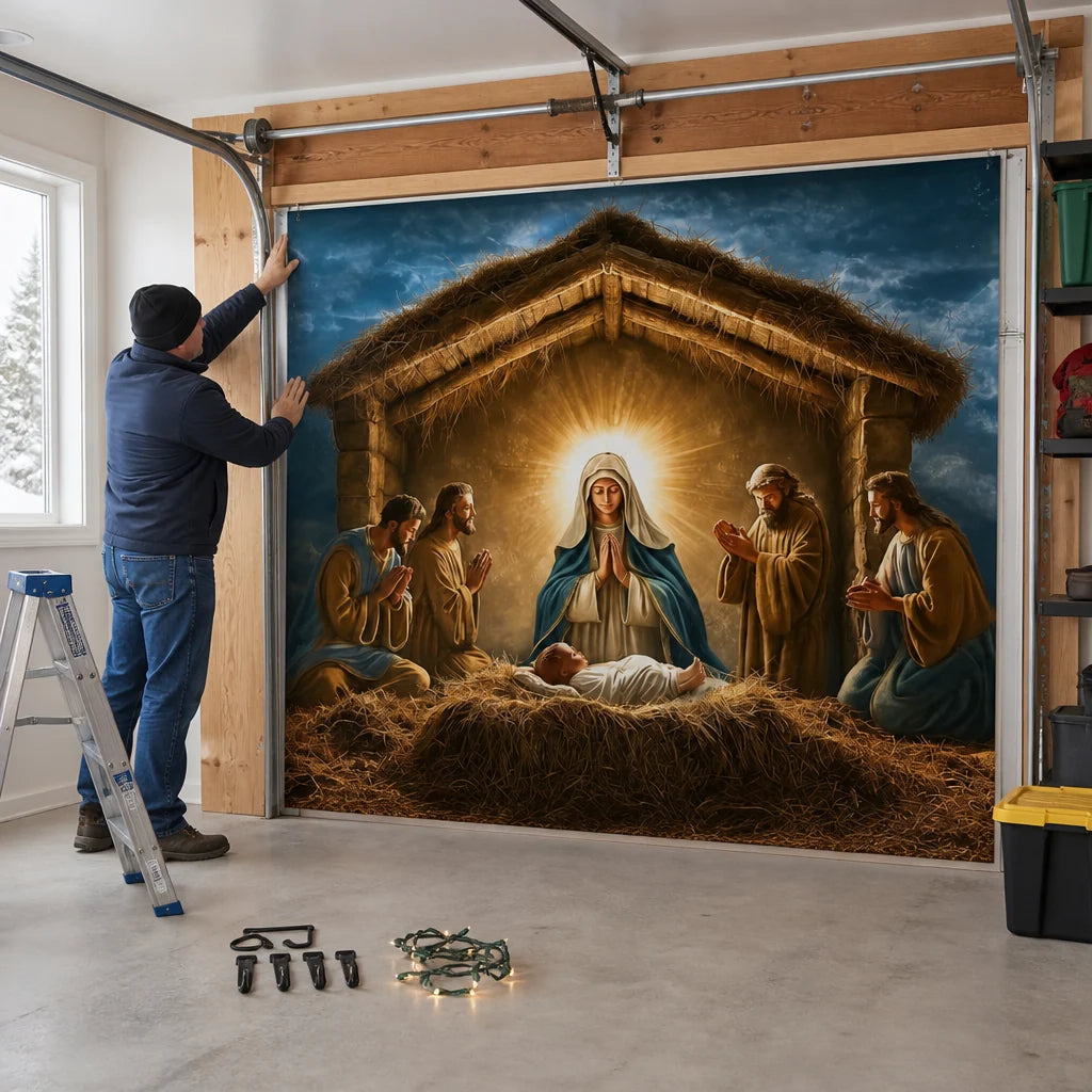Garage Door Cover Nativity Scene Optional Light Chain
