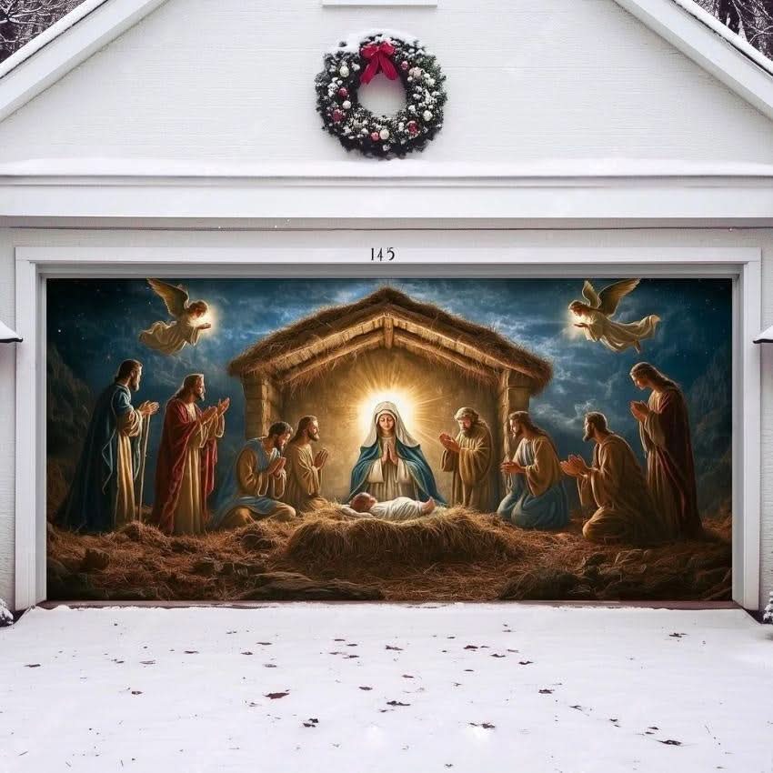 Garage Door Cover Nativity Scene Optional Light Chain