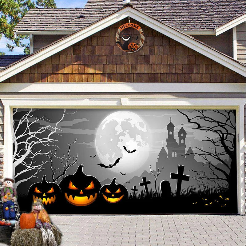 Garage Door Cover Spooky Print Polyester Weather-Resistant