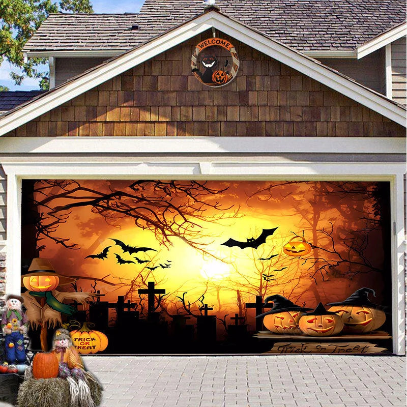 Garage Door Cover Spooky Print Polyester Weather-Resistant
