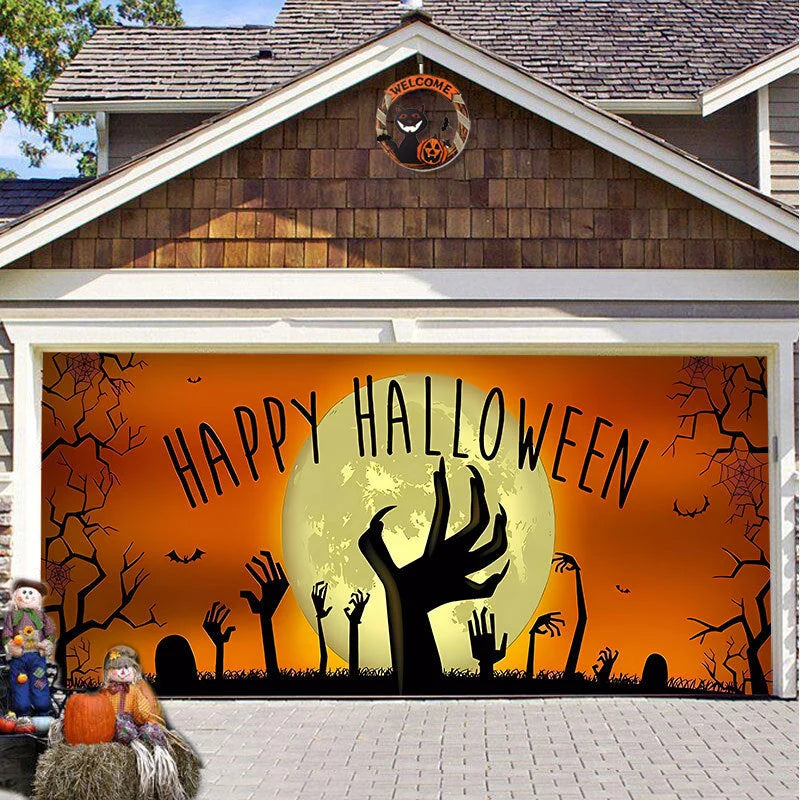 Garage Door Cover Spooky Print Polyester Weather-Resistant