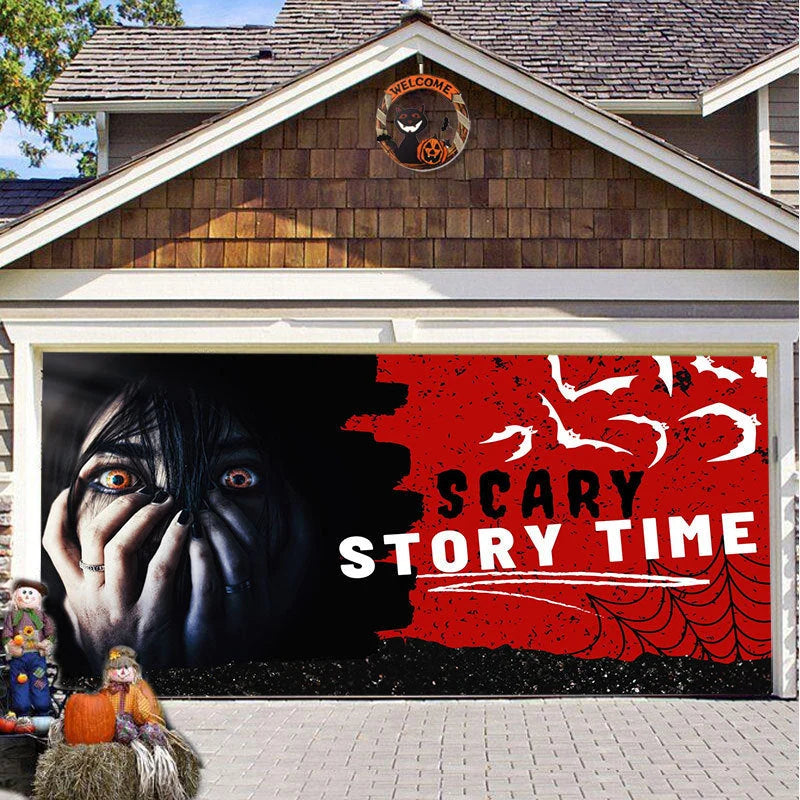 Garage Door Cover Spooky Print Polyester Weather-Resistant