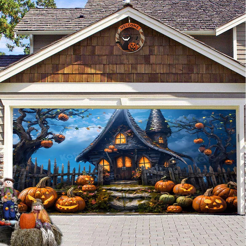 Garage Door Cover Spooky Print Polyester Weather-Resistant