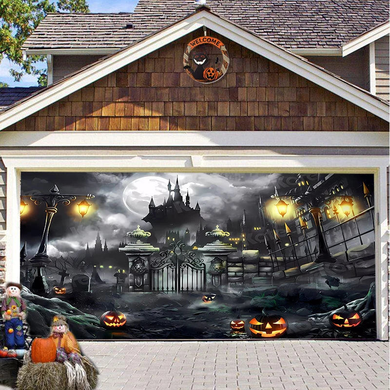 Garage Door Cover Spooky Print Polyester Weather-Resistant