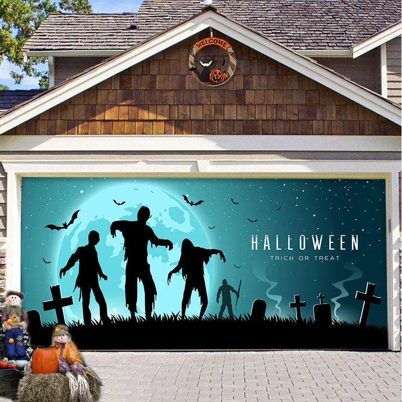 Garage Door Cover Spooky Print Polyester Weather-Resistant