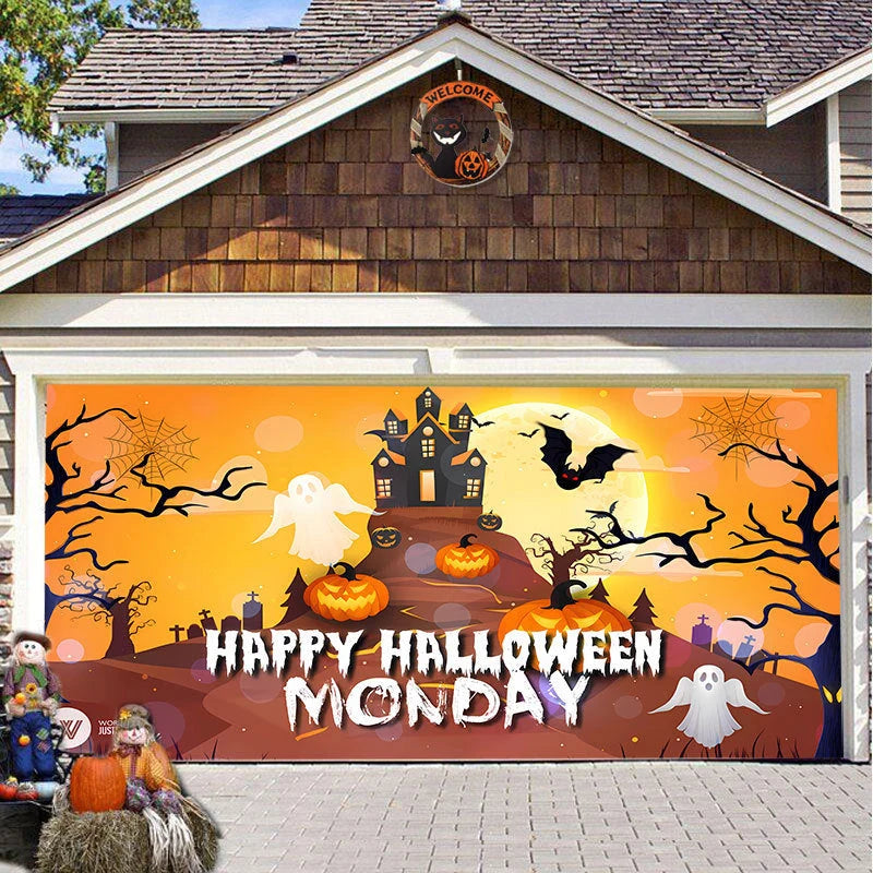 Garage Door Cover Spooky Print Polyester Weather-Resistant