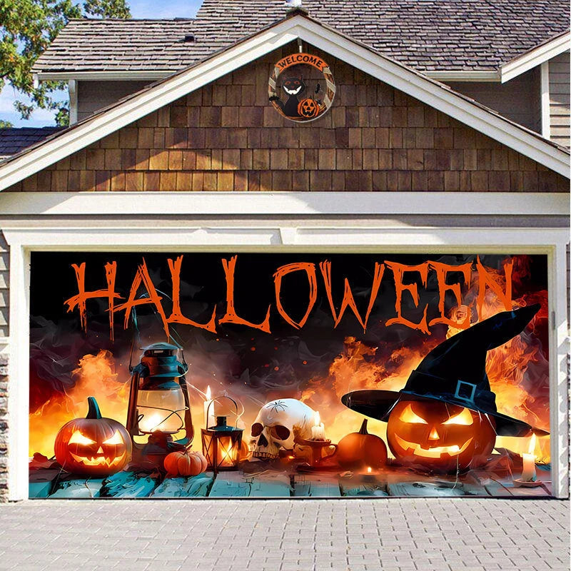 Garage Door Cover Spooky Print Polyester Weather-Resistant