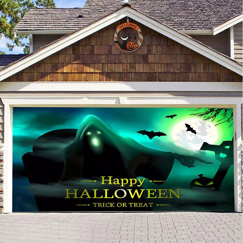 Garage Door Cover Spooky Print Polyester Weather-Resistant