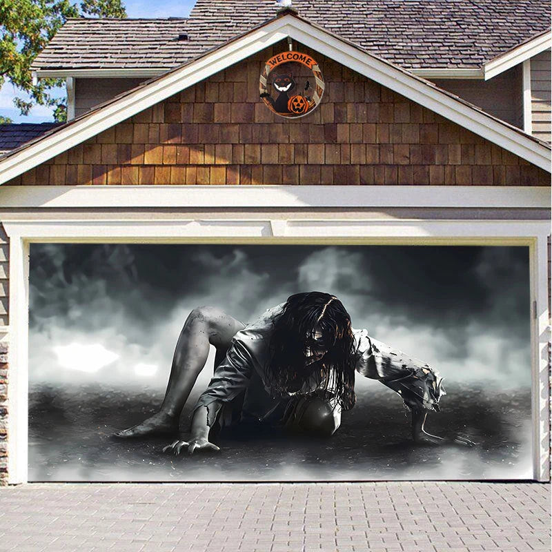 Garage Door Cover Spooky Print Polyester Weather-Resistant