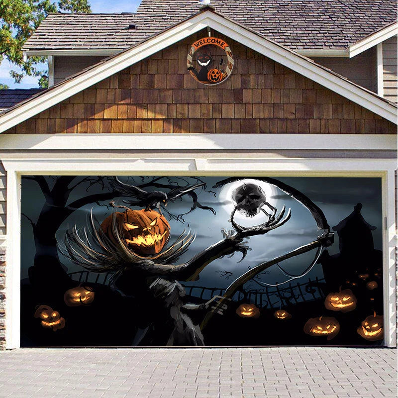 Garage Door Cover Spooky Print Polyester Weather-Resistant