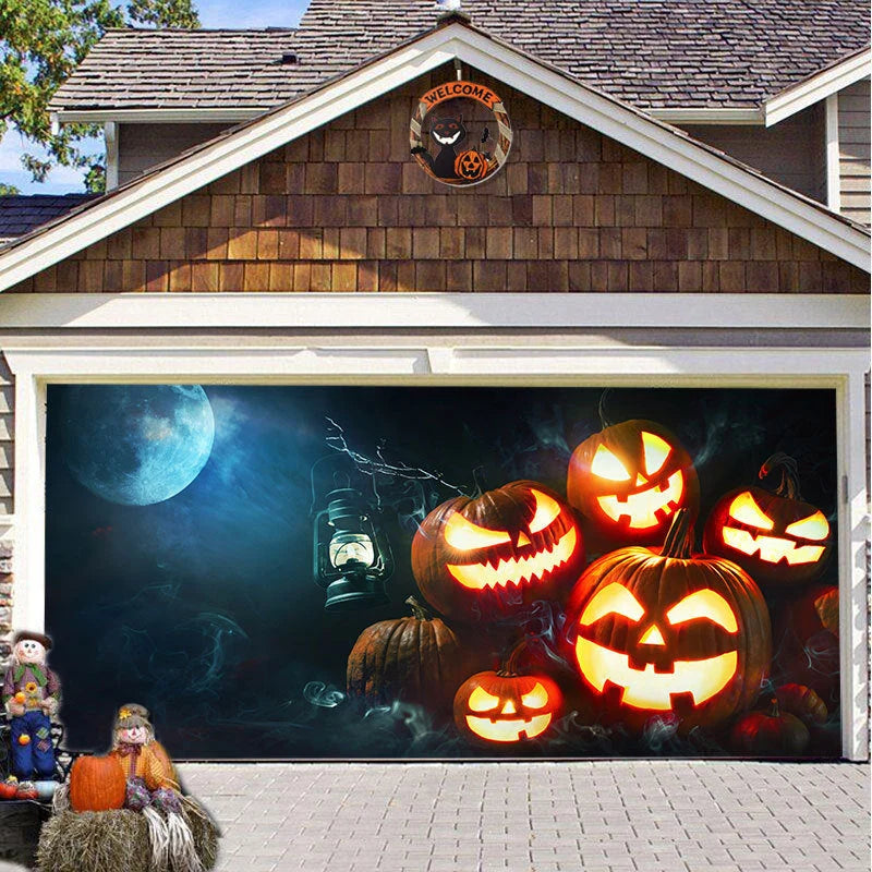 Garage Door Cover Spooky Print Polyester Weather-Resistant