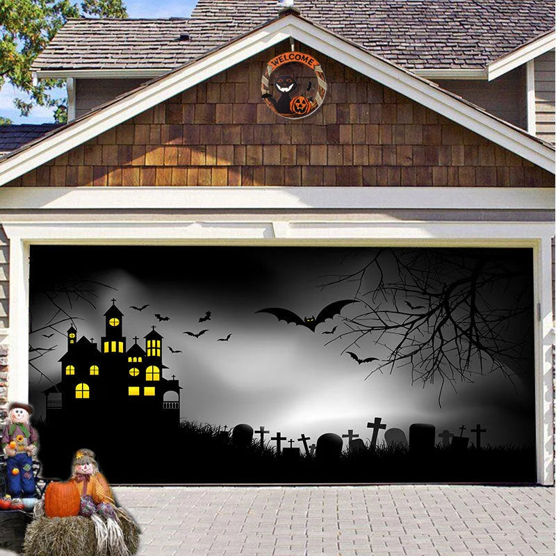 Garage Door Cover Spooky Print Polyester Weather-Resistant