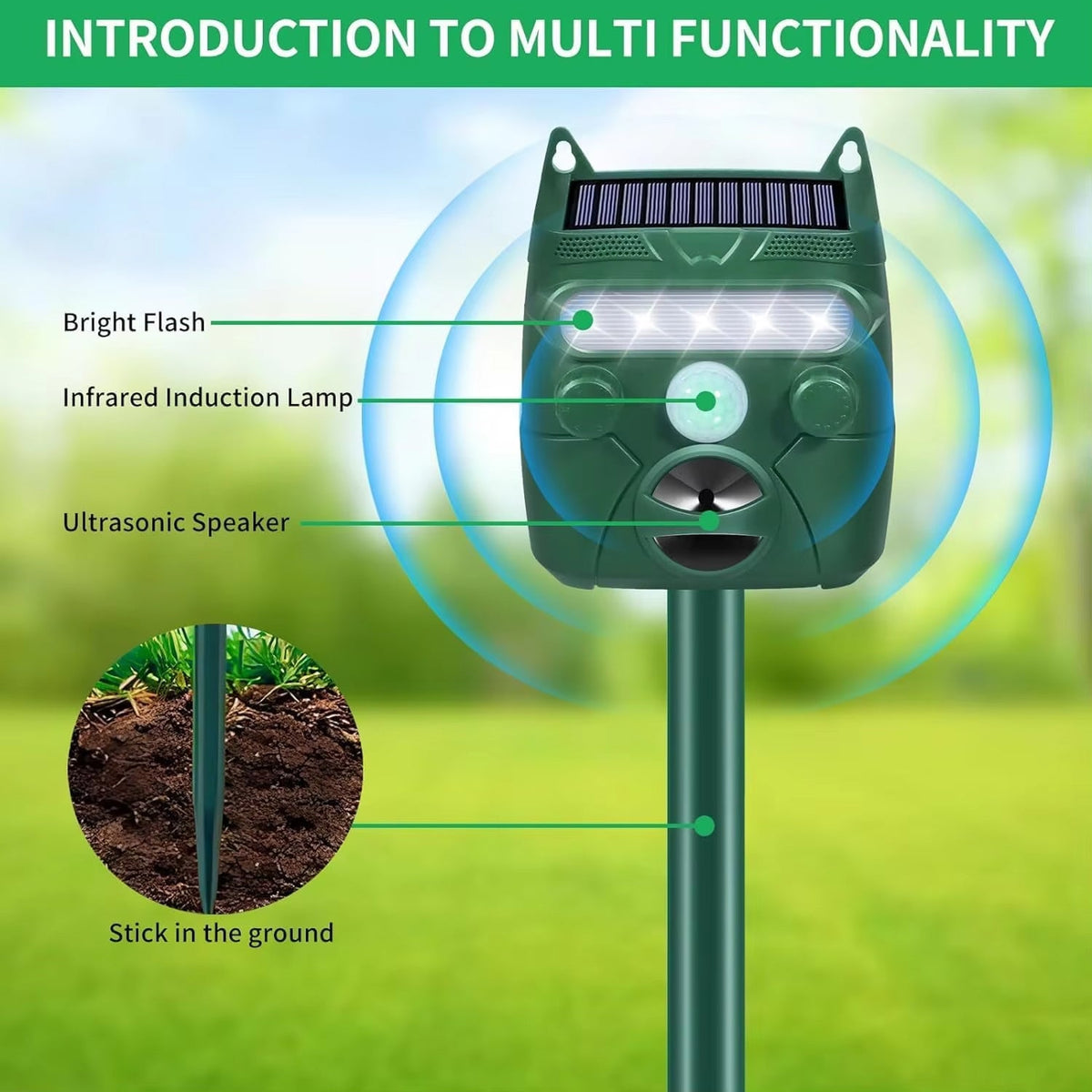 Garden Animal Repeller Ultrasonic Solar-Powered & Motion-Activated