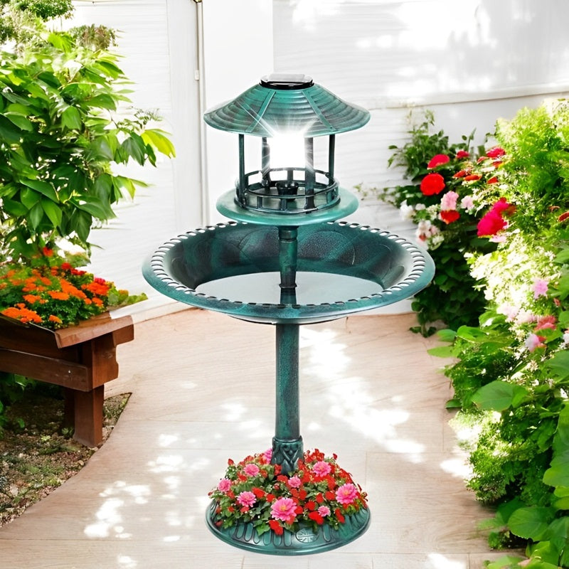Garden Bird Bath Solar-Powered LED Integrated Planter Weather-Resistant Resin