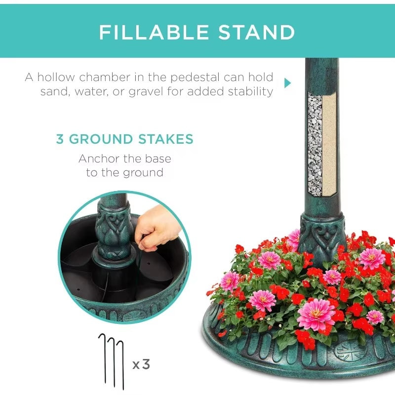 Garden Bird Bath Solar-Powered LED Integrated Planter Weather-Resistant Resin
