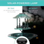 Garden Bird Bath Solar-Powered LED Integrated Planter Weather-Resistant Resin