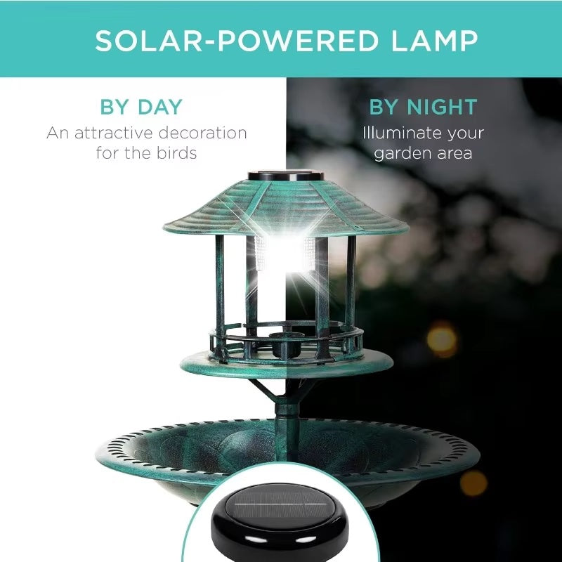 Garden Bird Bath Solar-Powered LED Integrated Planter Weather-Resistant Resin
