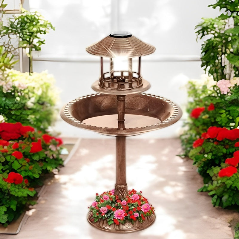 Garden Bird Bath Solar-Powered LED Integrated Planter Weather-Resistant Resin