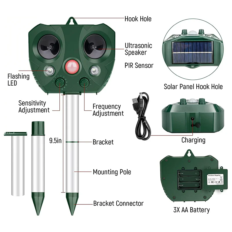 Garden Bird Deterrent Solar-Powered Ultrasonic & LED 30 Foot Range