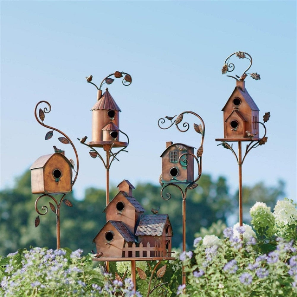 Garden Birdhouse Stake Artistic Metal Weather-Resistant 29.5 Inch Pole