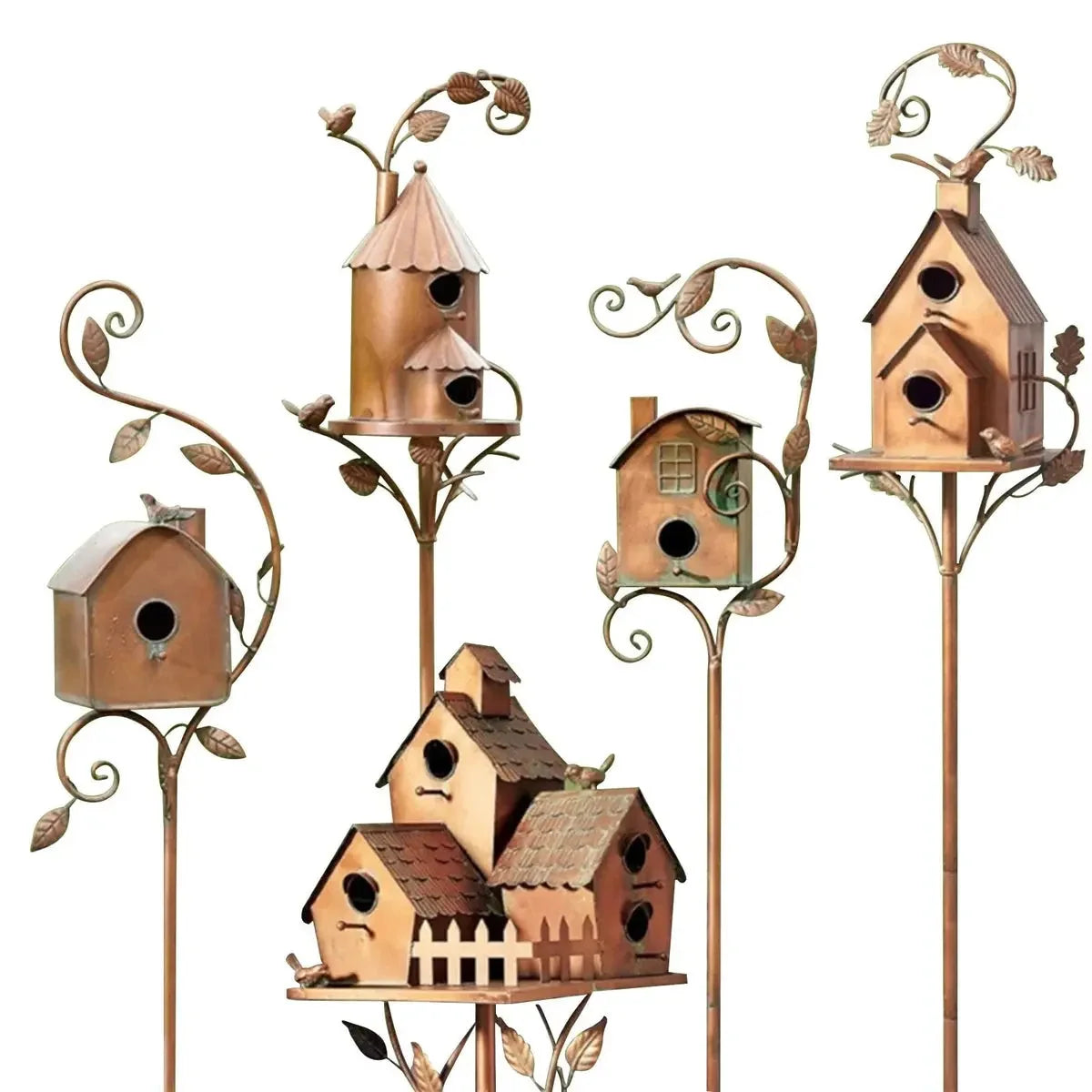 Garden Birdhouse Stake Copper-Tone Metal & Nesting Box