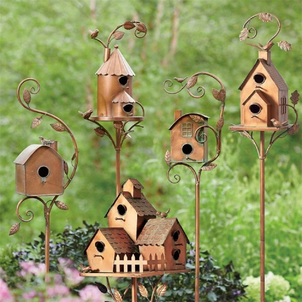 Garden Birdhouse Weather-Resistant Metal Stake 29.5 Inch