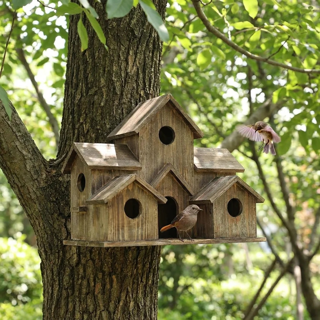 Garden Birdhouse Wooden Six Chambers Hemp Rope